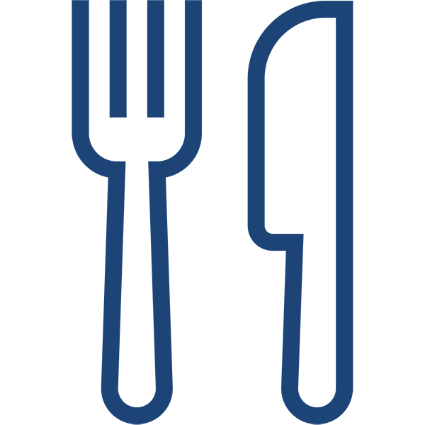 Ein einfaches blaues Symbol einer Gabel und eines Messers, das Essen oder Speisen symbolisiert.