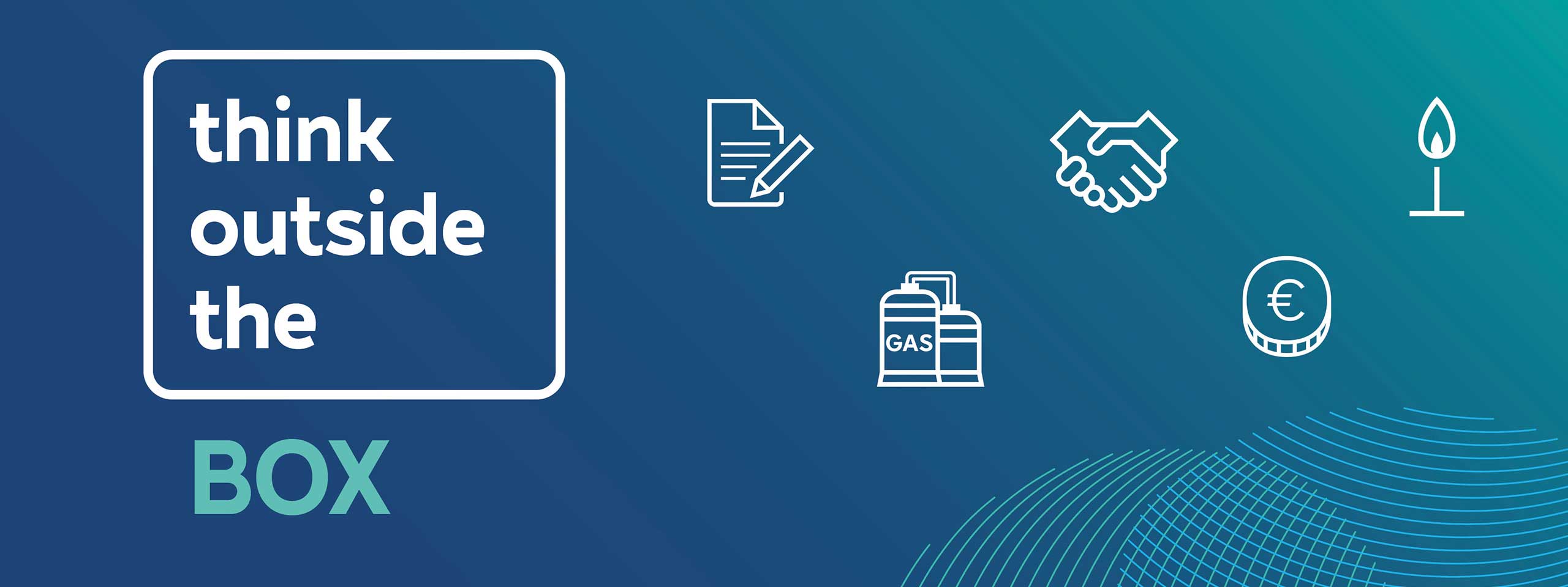 Eine Grafik mit dem Satz 'Denke außerhalb der Box' und Symbolen für Dokumente, Zusammenarbeit, Gas, Währung und eine Kerze.