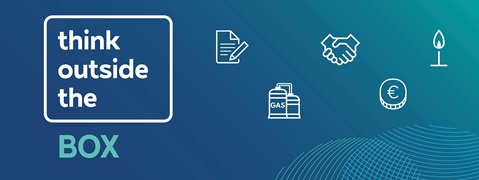 A graphic featuring the phrase 'think outside the box' alongside icons representing documents, collaboration, gas, currency, and a candle.