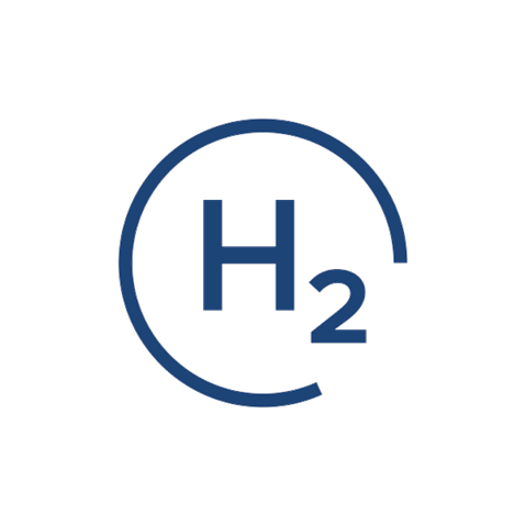 The image displays the chemical symbol for hydrogen, shown as H2 within a blue circle on a black background.