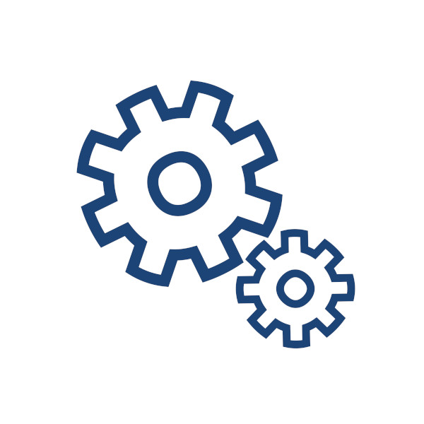 Two interlocking gears in blue, with one larger and one smaller shown.