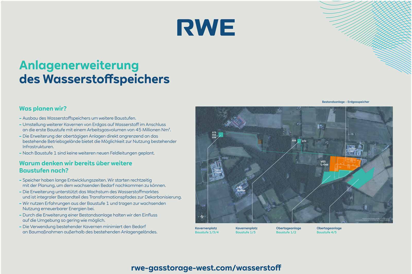Visualisierung des geplanten Ausbaus des Wasserstoffspeichers mit Farbkodierung der Baustufen und angrenzenden Infrastrukturen.