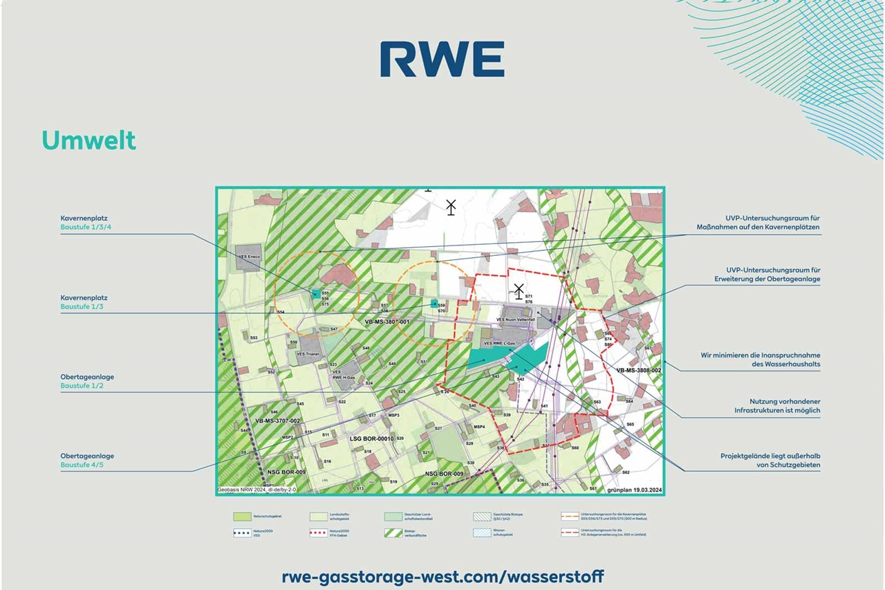 Eine Umweltkarte der RWE mit markierten Kaverneplätzen und Obertaganlagen. Wichtige Informationen sind hervorgehoben.