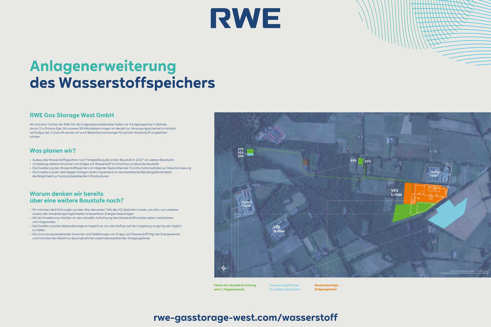 Karte der geplanten Erweiterung des Wasserstoffspeichers durch RWE Gas Storage West GmbH. Geplante Baustellen sind eingezeichnet.