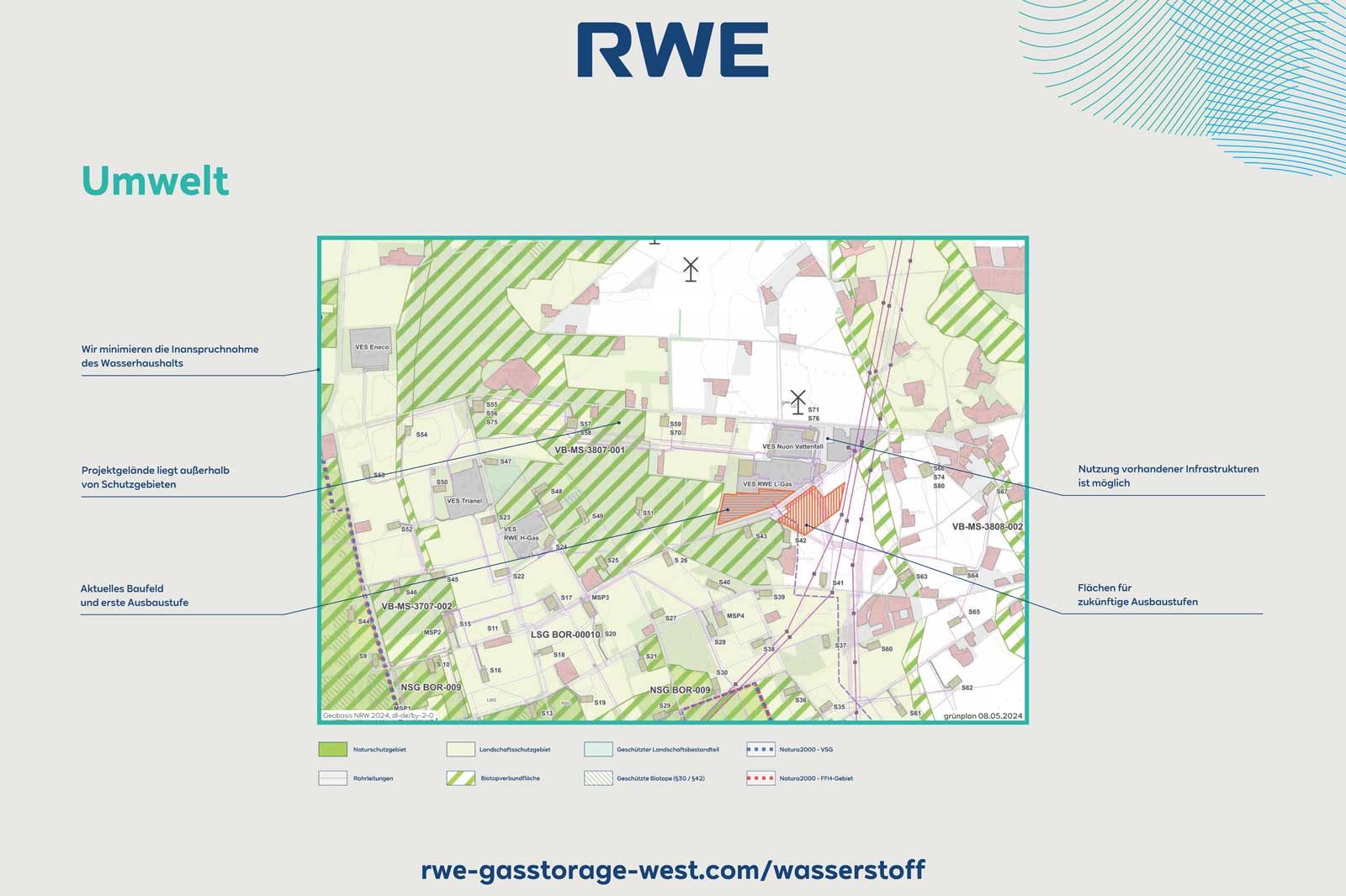 Eine Umweltkarte mit Angaben zu Flächennutzung und Umweltschutz, die verschiedene Gebiete und Projekte darstellt.