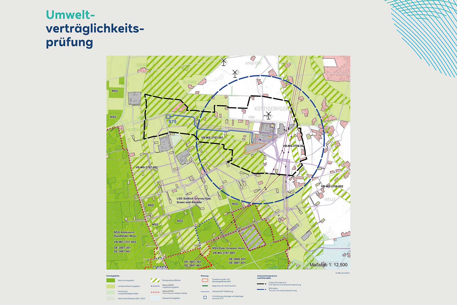 An environmental impact assessment map showing various zones and a legend detailing planning and protected areas.